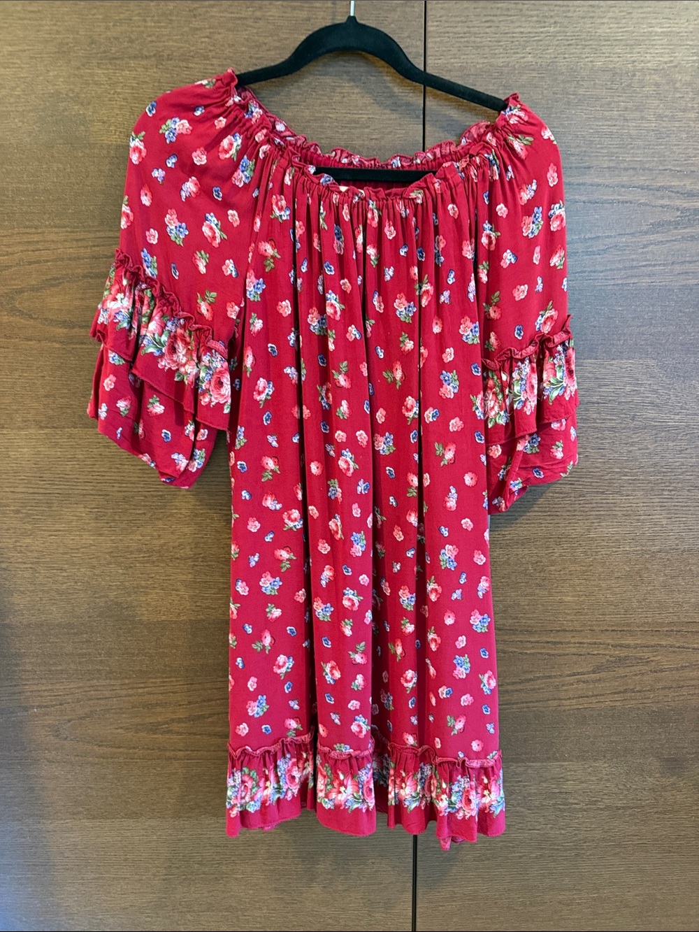 Max Studio Red Floral Off-Shoulder Peasant Dress